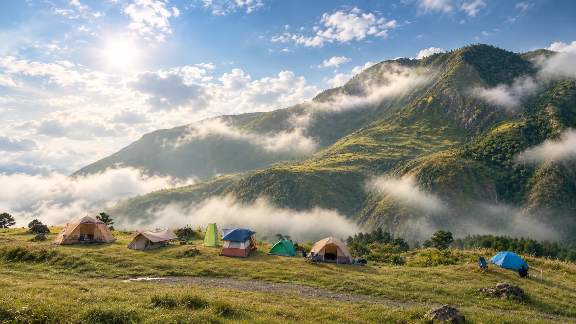 Tents overlooking the misty mountain valley