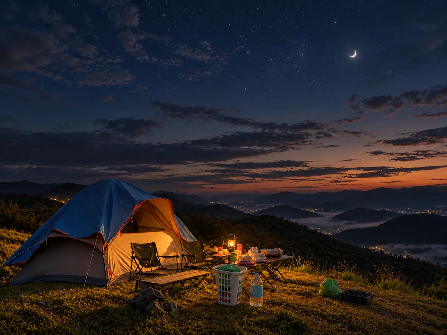 A tent glowing warm on the ridge at night under a crescent moon, with camp chairs set out and cloud lying pale in the valley below
