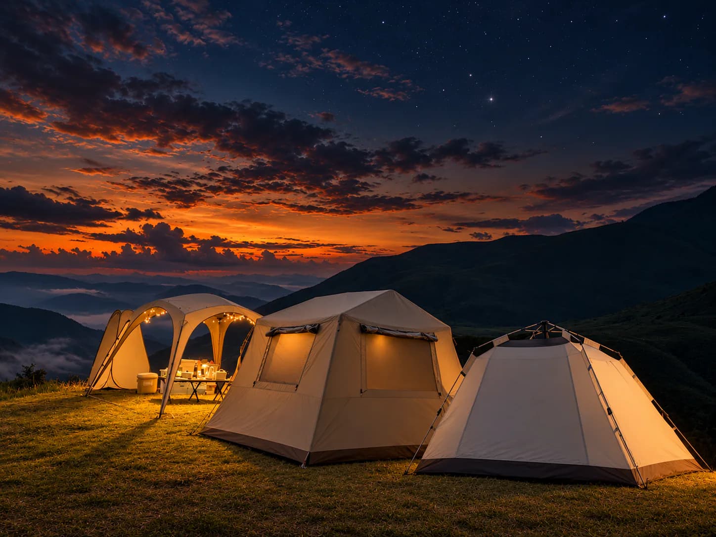 Tents lit from inside on the ridge at dusk, with cloud filling the valley and the last light behind the mountains