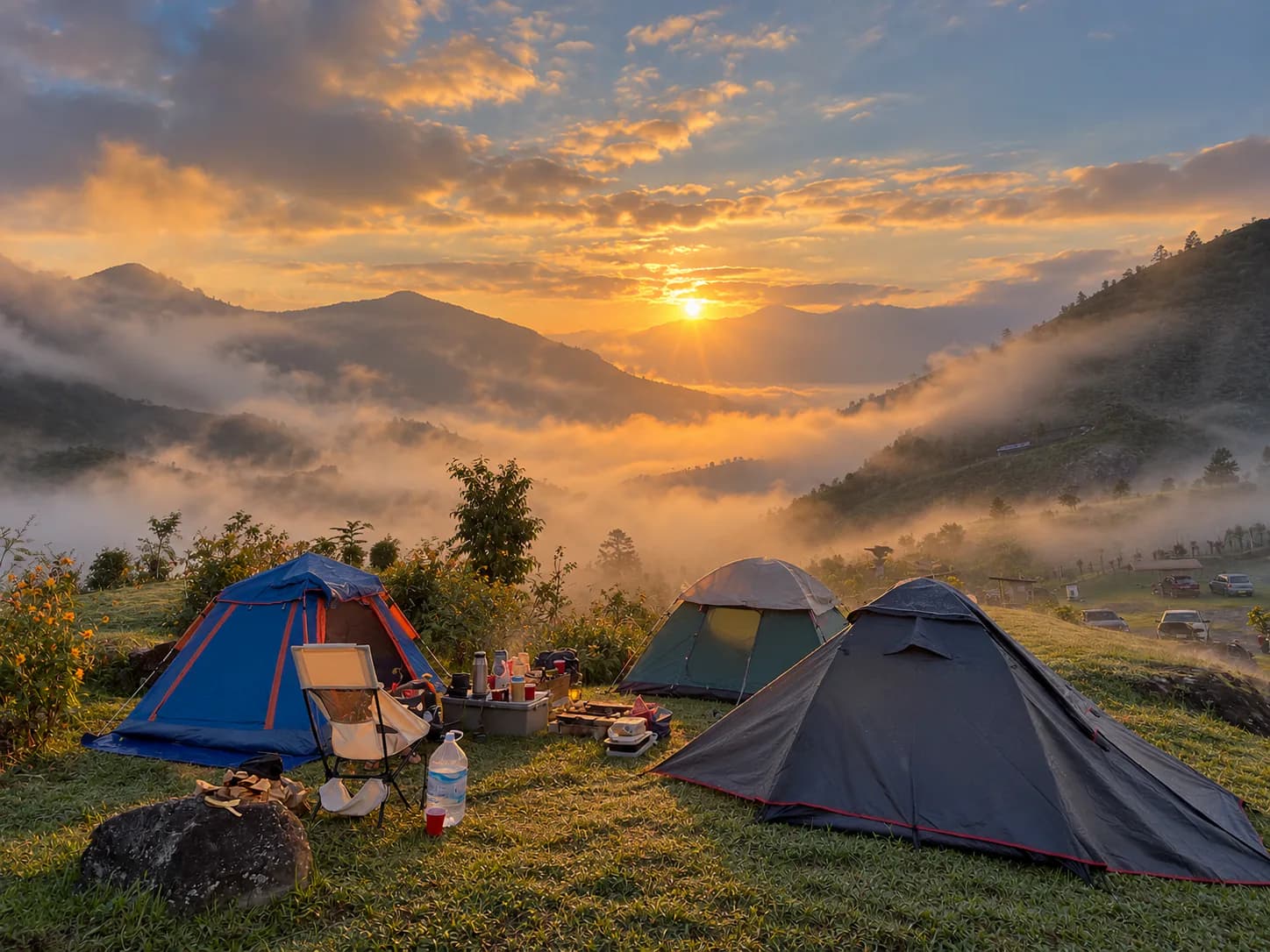 Tents and a camp chair on the grass at sunrise, above a valley filled with cloud