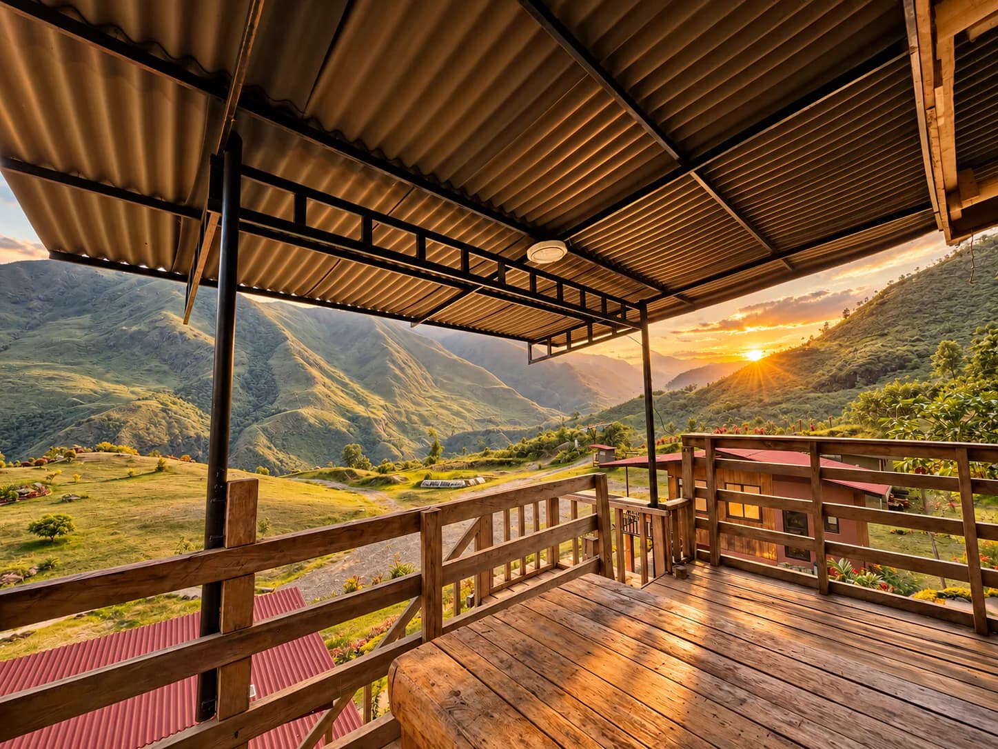 The covered veranda of Barkadahan Cottage Dos at sunset, its timber deck and rail facing the mountains